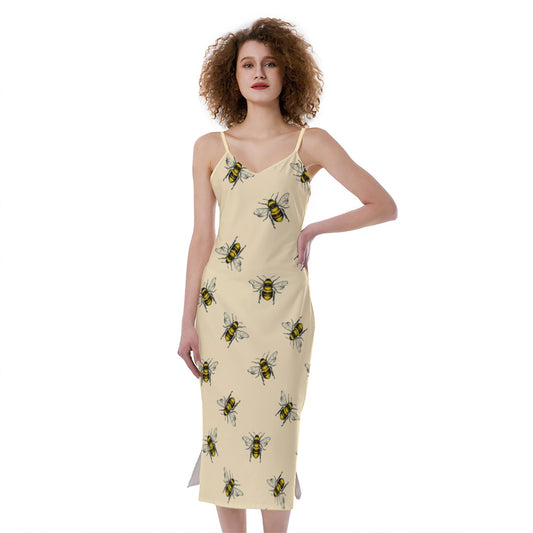 Vintage Bee Pattern Print Slim Fit Midi Cami Dress