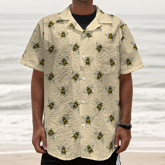 Vintage Bee Pattern Print Textured Short Sleeve Shirt