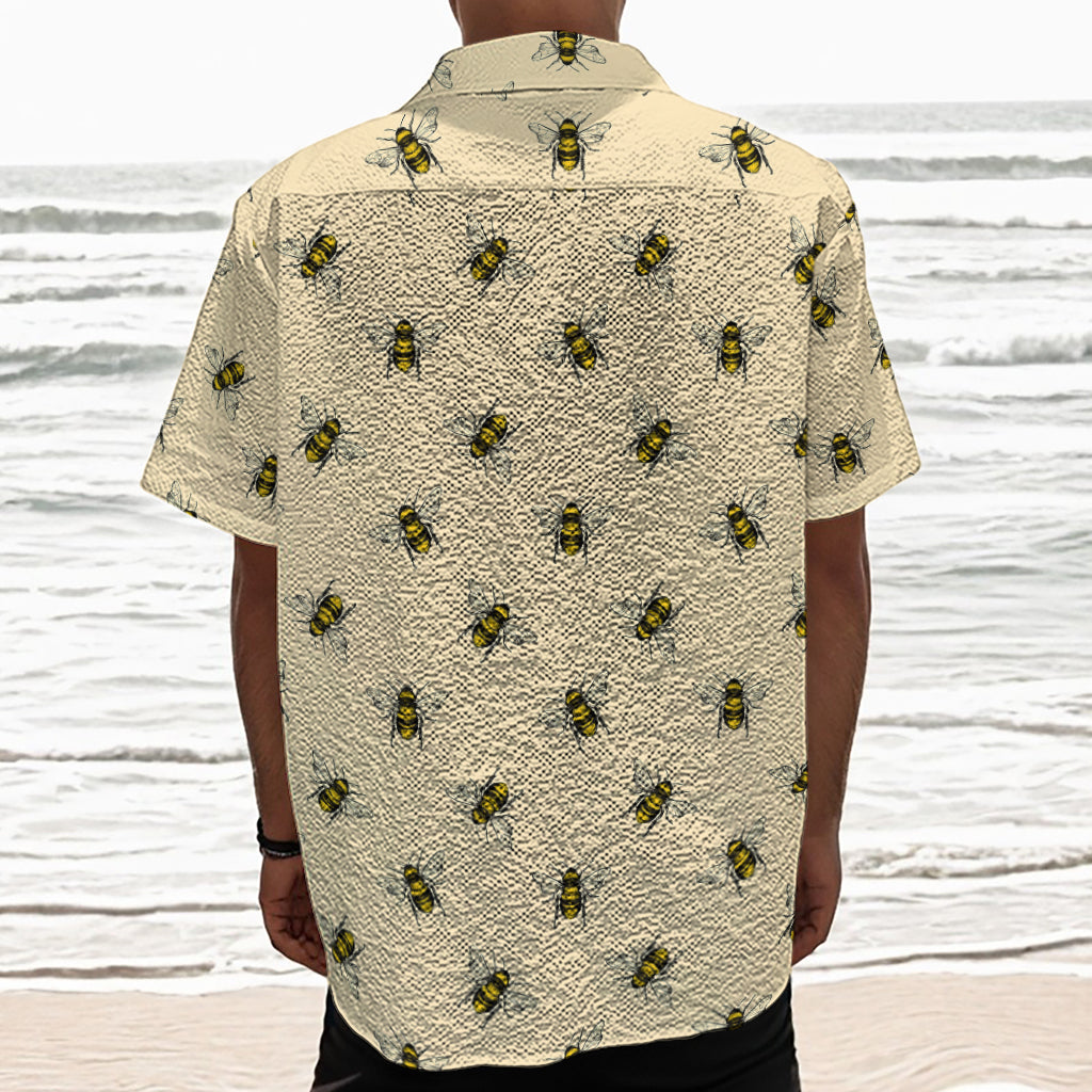 Vintage Bee Pattern Print Textured Short Sleeve Shirt