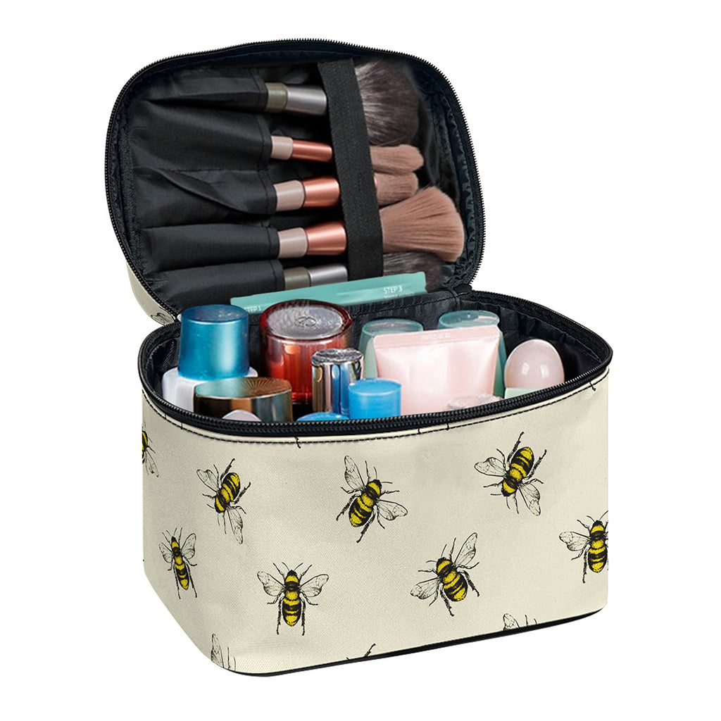 Vintage Bee Pattern Print Travel Makeup Bag