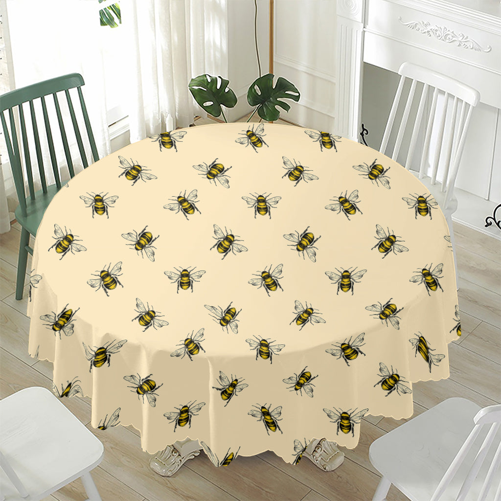 Vintage Bee Pattern Print Waterproof Round Tablecloth