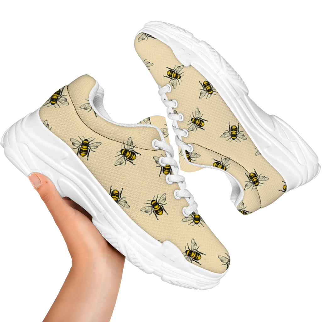 Vintage Bee Pattern Print White Chunky Shoes