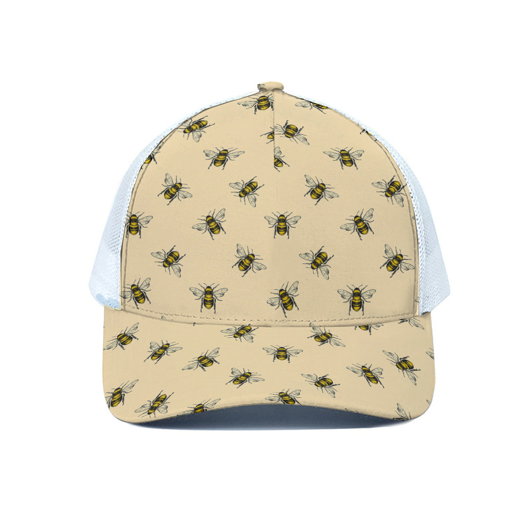 Vintage Bee Pattern Print White Mesh Trucker Cap
