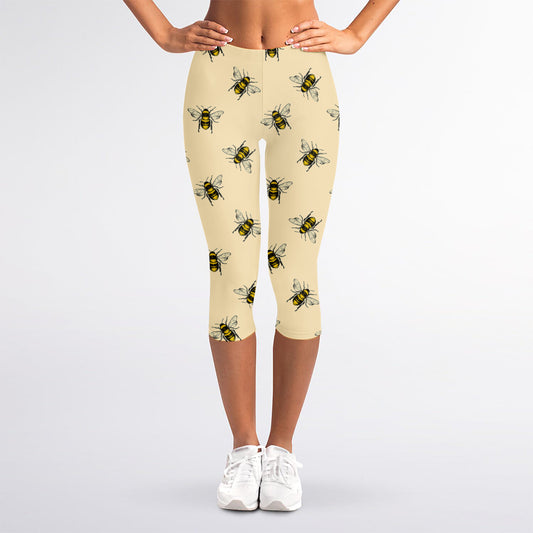 Vintage Bee Pattern Print Women's Capri Leggings