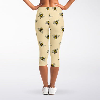 Vintage Bee Pattern Print Women's Capri Leggings