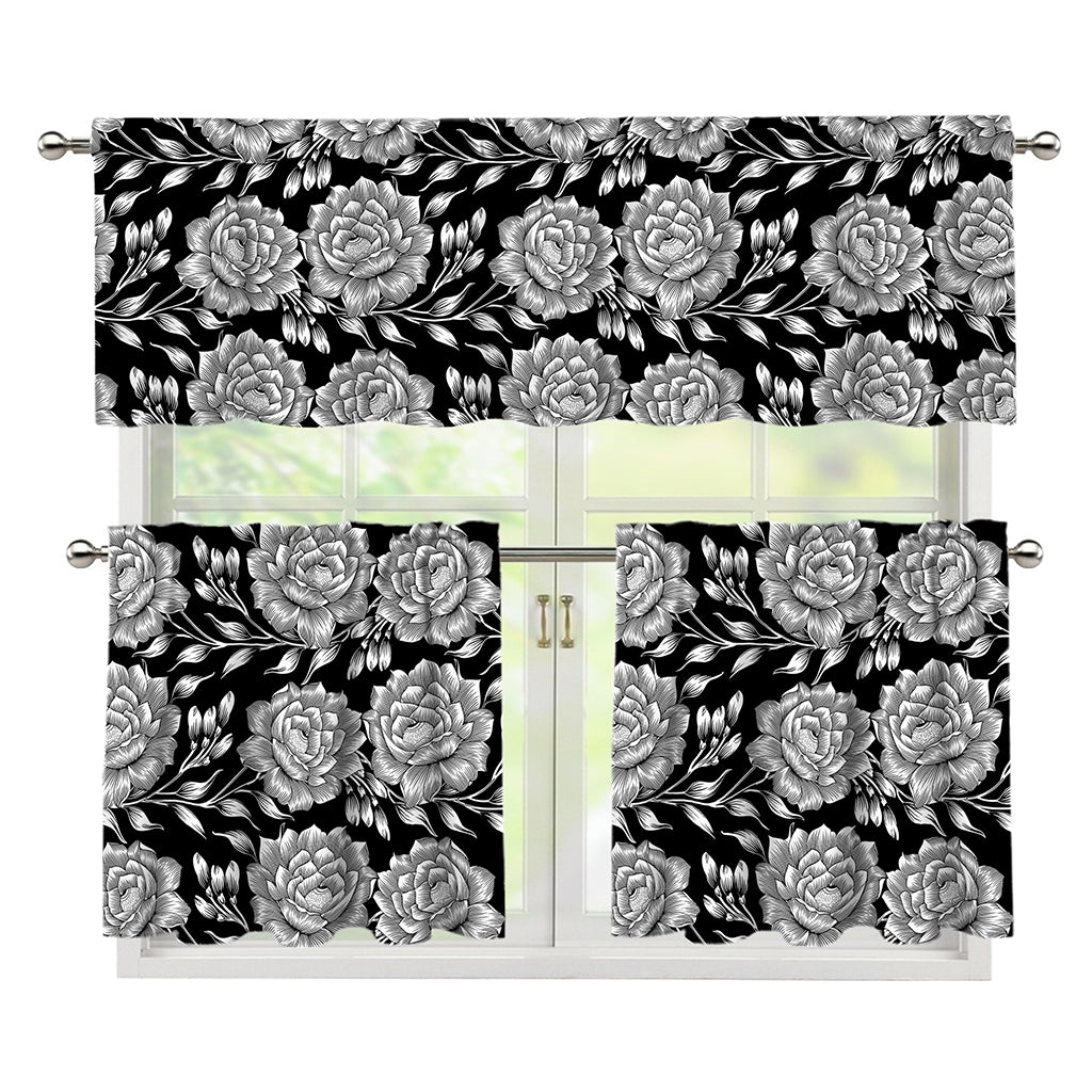 Vintage Black And White Floral Print 3 Piece Kitchen Curtains