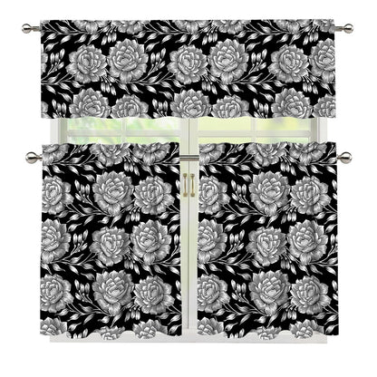 Vintage Black And White Floral Print 3 Piece Kitchen Curtains