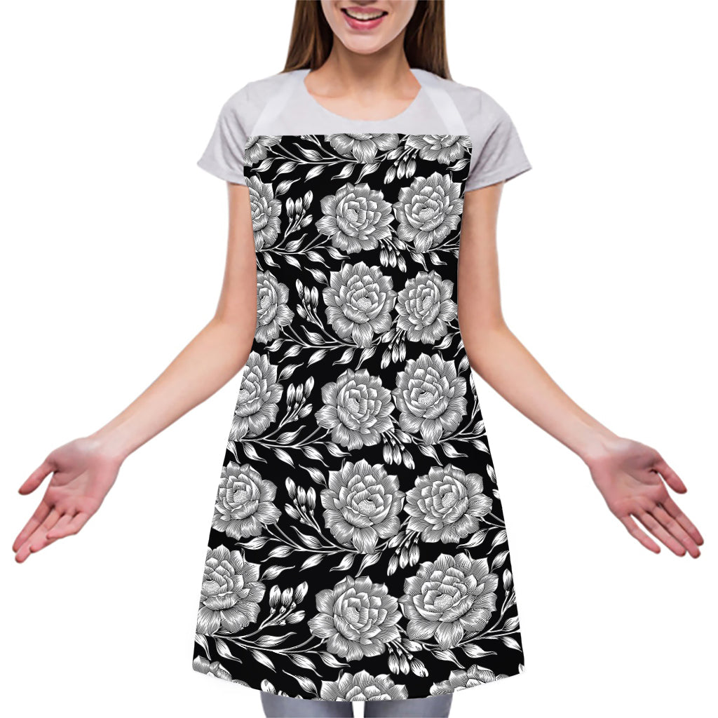 Vintage Black And White Floral Print Adjustable Apron