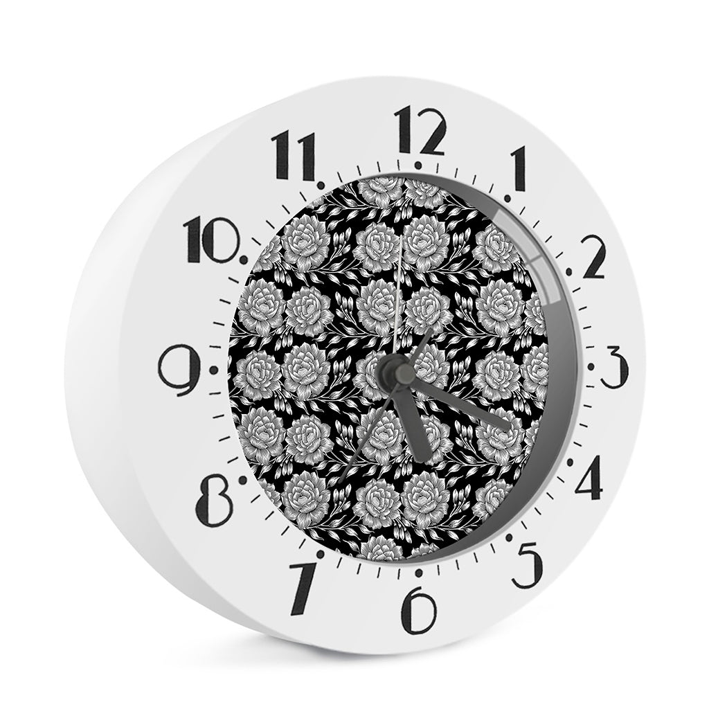 Vintage Black And White Floral Print Alarm Clock