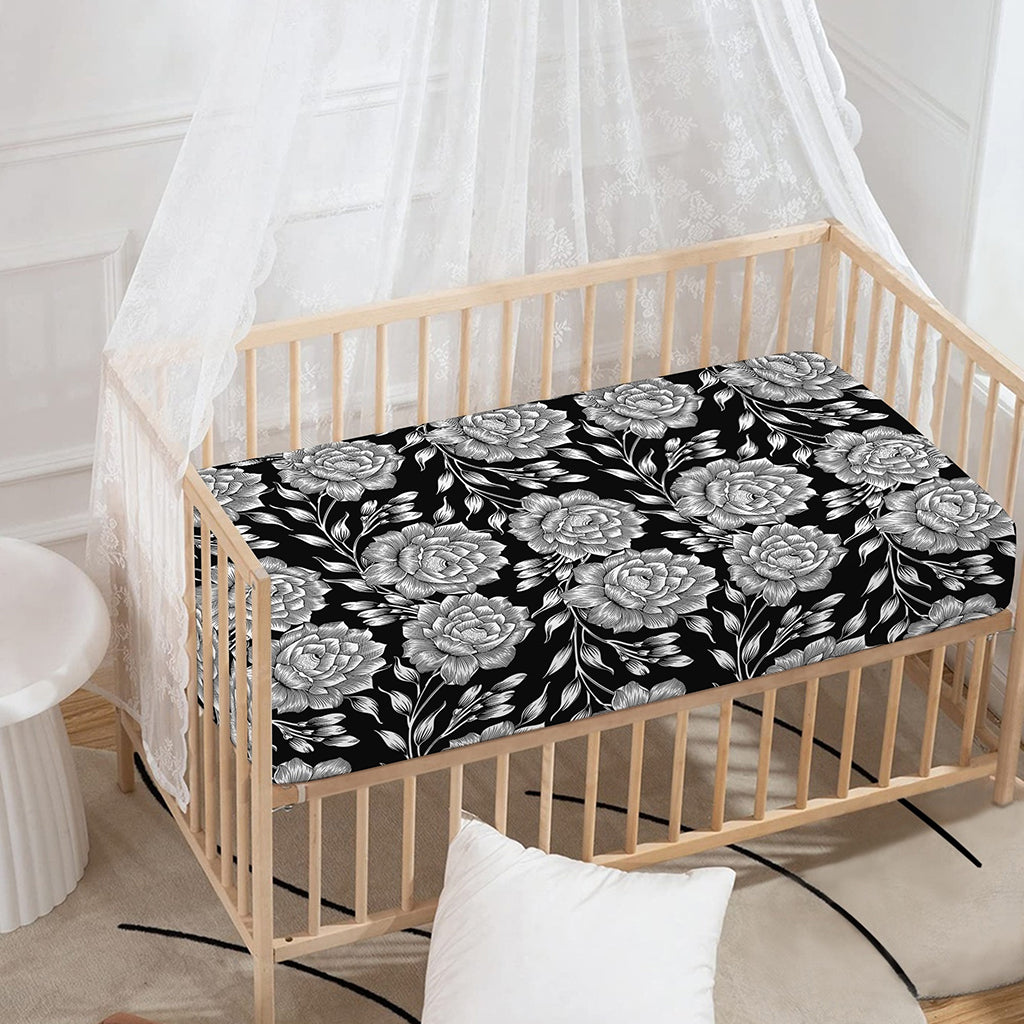 Vintage Black And White Floral Print Baby Crib Sheet
