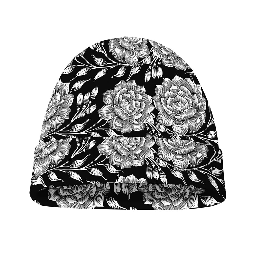 Vintage Black And White Floral Print Beanie