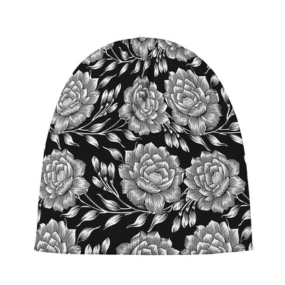 Vintage Black And White Floral Print Beanie
