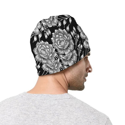 Vintage Black And White Floral Print Beanie