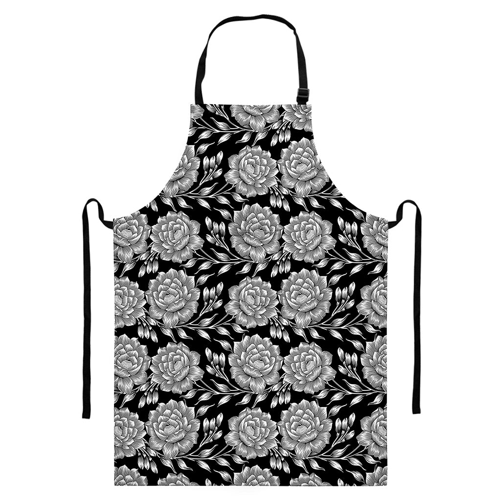 Vintage Black And White Floral Print Bib Apron With Pocket