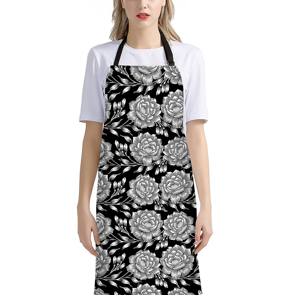 Vintage Black And White Floral Print Bib Apron With Pocket