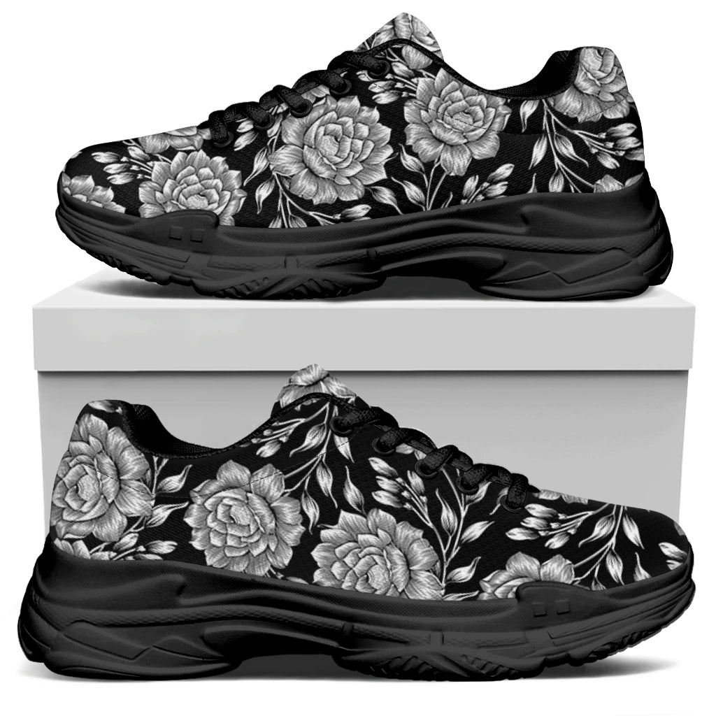 Vintage Black And White Floral Print Black Chunky Shoes