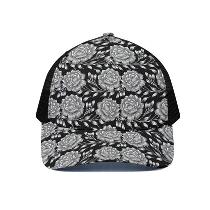 Vintage Black And White Floral Print Black Mesh Trucker Cap