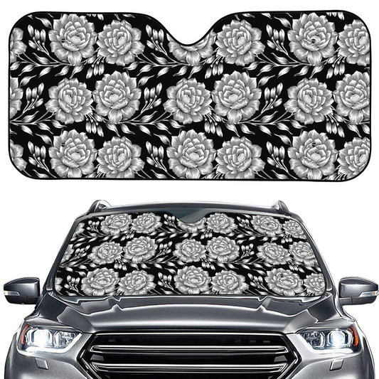 Vintage Black And White Floral Print Car Windshield Sun Shade