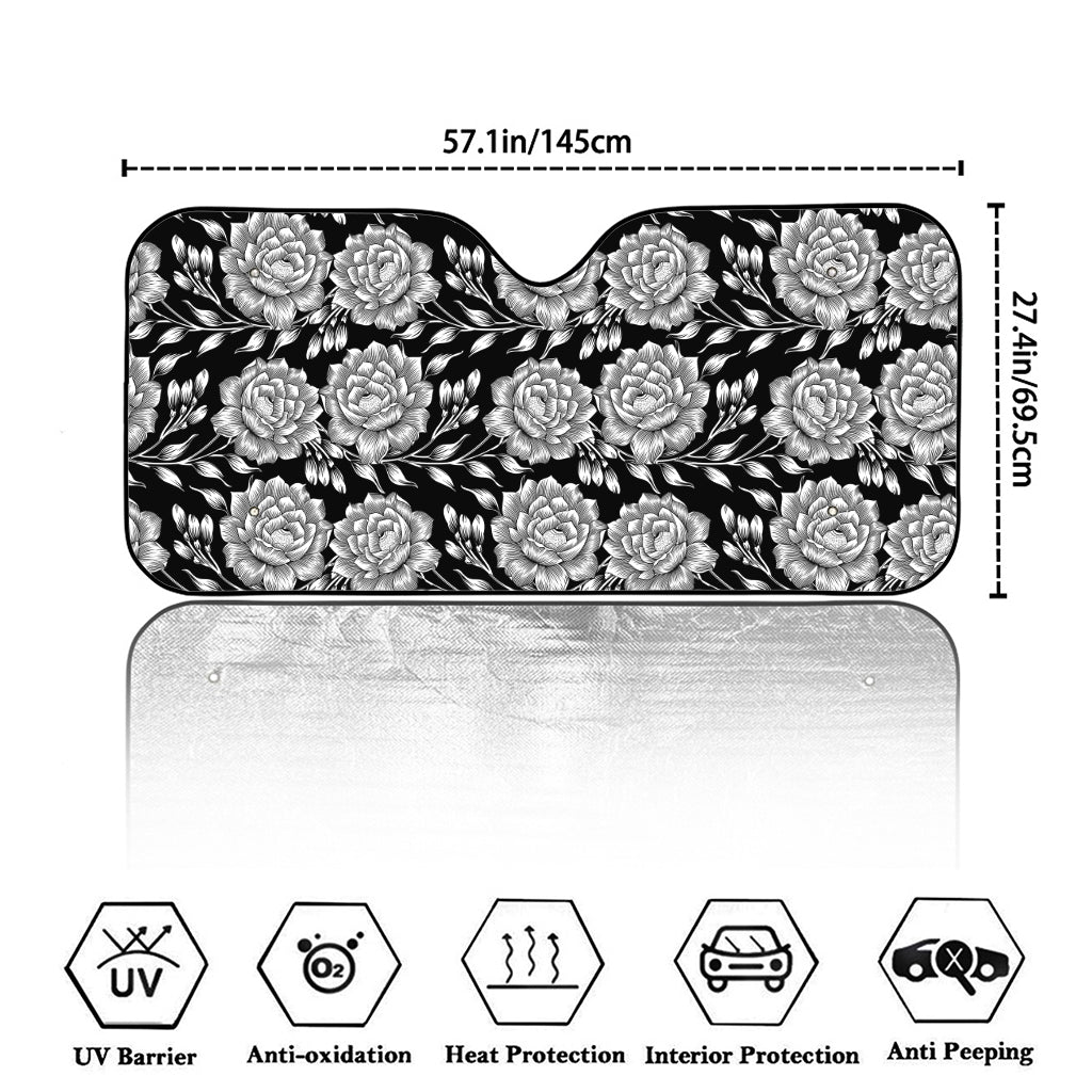 Vintage Black And White Floral Print Car Windshield Sun Shade
