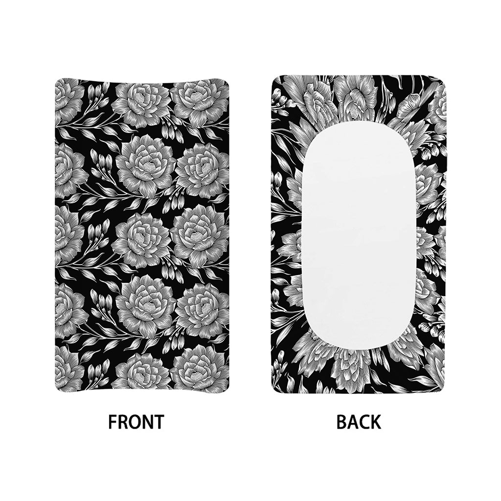 Vintage Black And White Floral Print Changing Pad Cover
