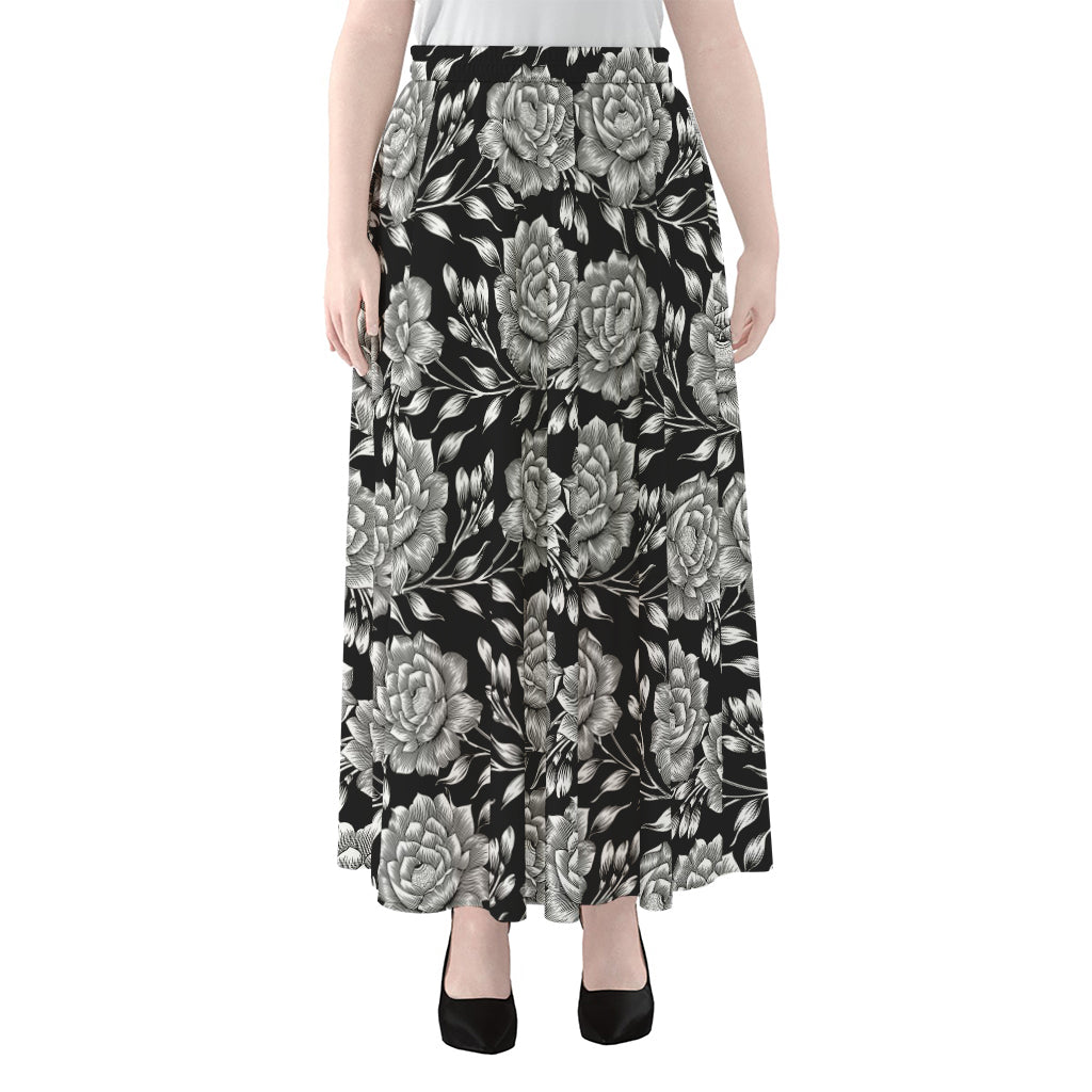 Vintage Black And White Floral Print Chiffon Maxi Skirt