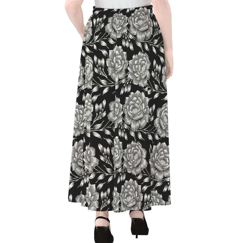 Vintage Black And White Floral Print Chiffon Maxi Skirt
