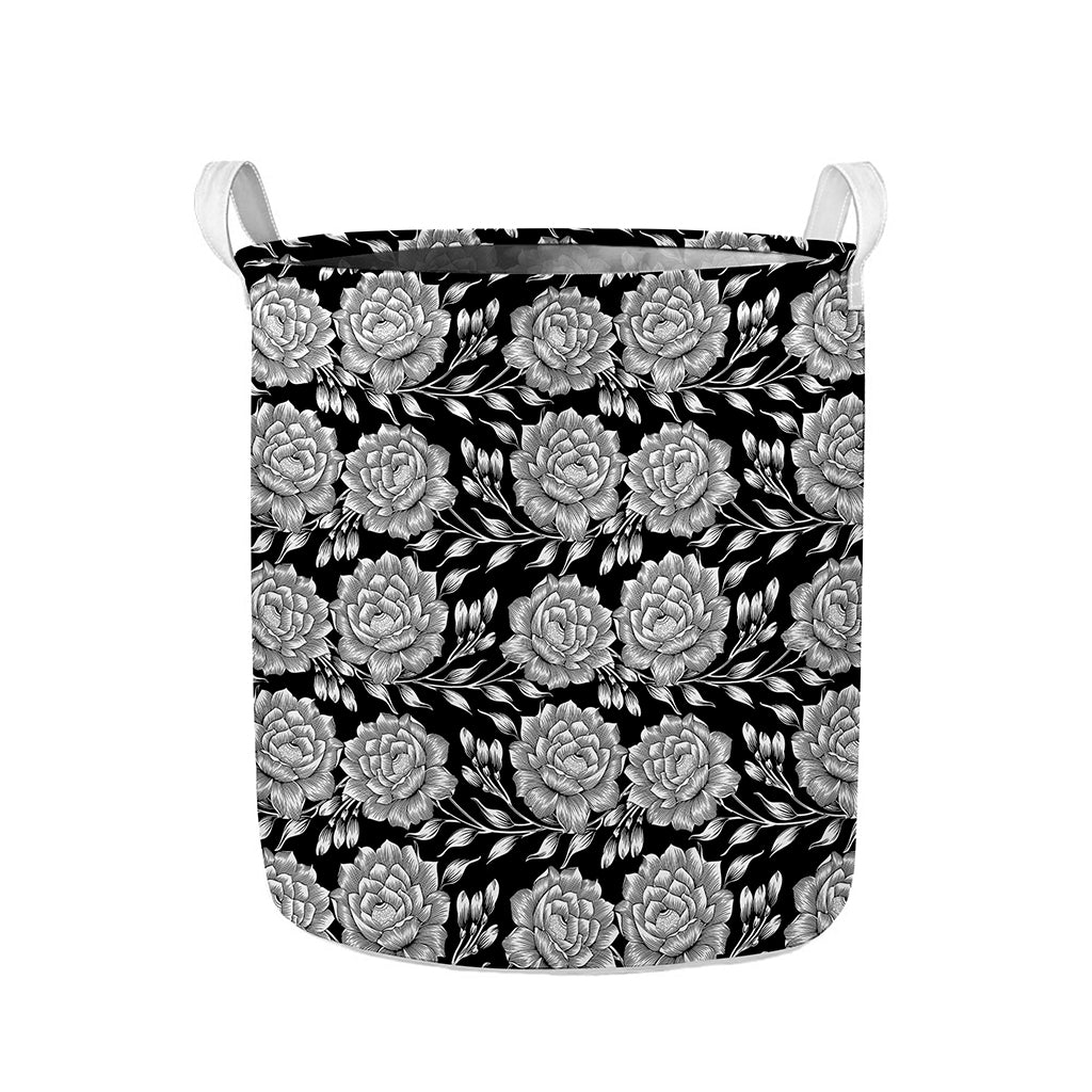 Vintage Black And White Floral Print Collapsible Laundry Basket