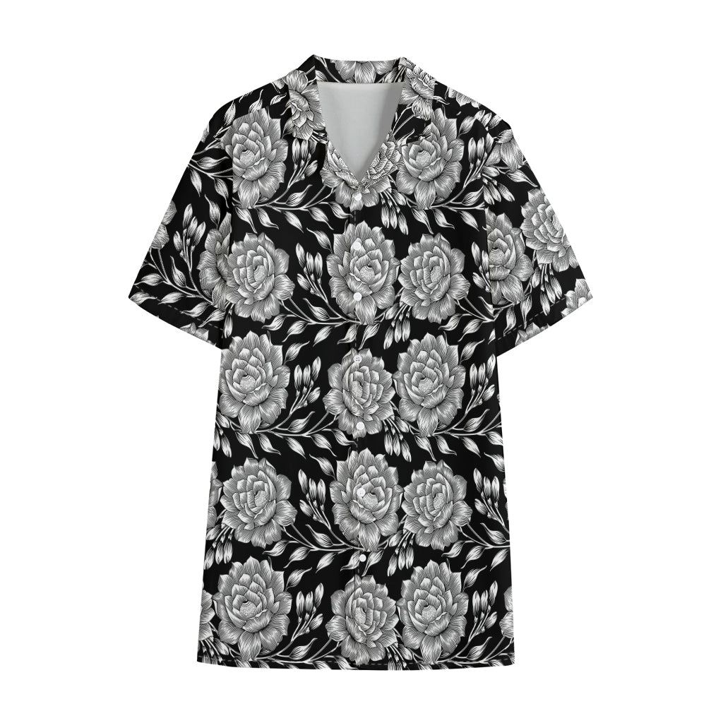 Vintage Black And White Floral Print Cotton Hawaiian Shirt
