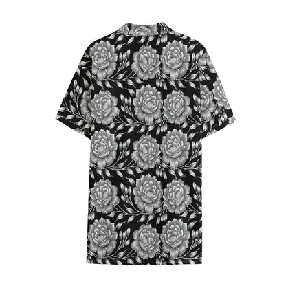 Vintage Black And White Floral Print Cotton Hawaiian Shirt