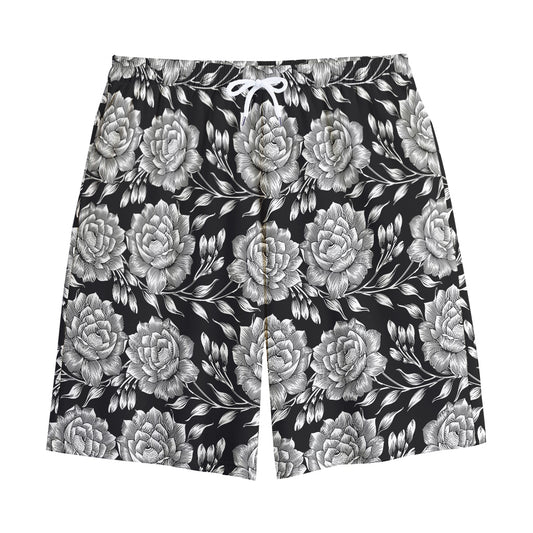Vintage Black And White Floral Print Cotton Shorts
