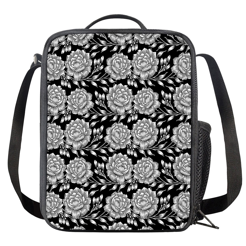 Vintage Black And White Floral Print Crossbody Lunch Bag