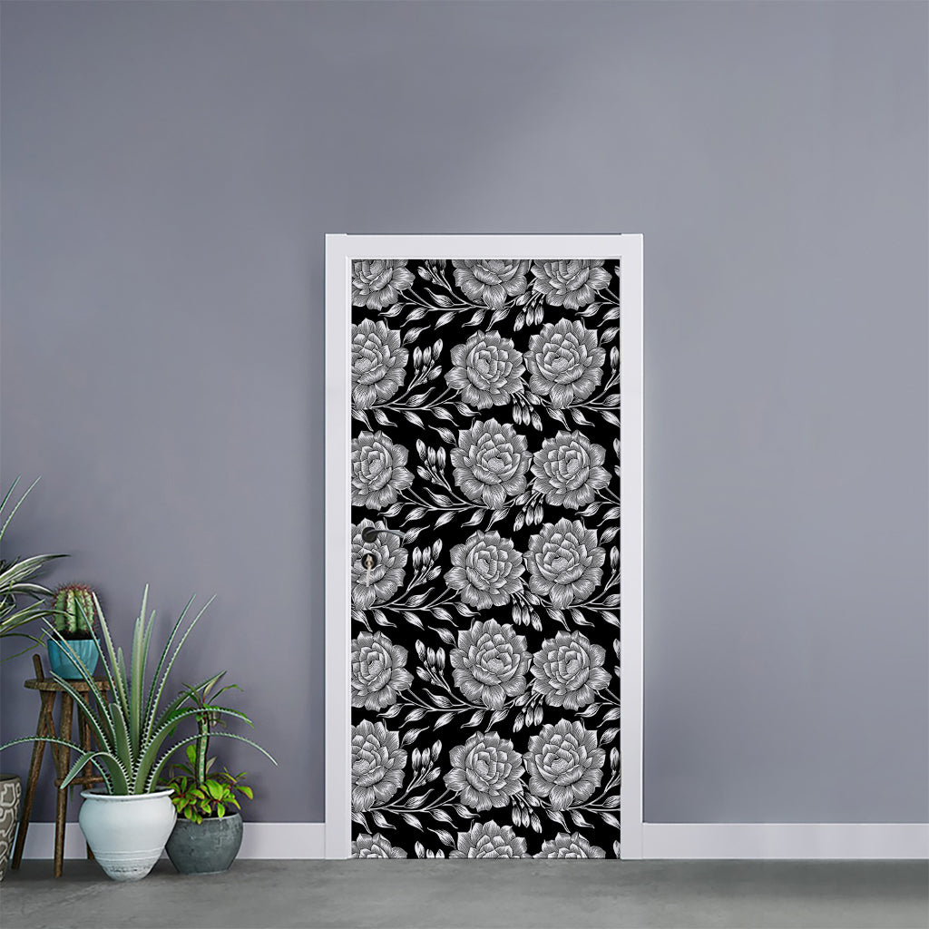 Vintage Black And White Floral Print Door Sticker