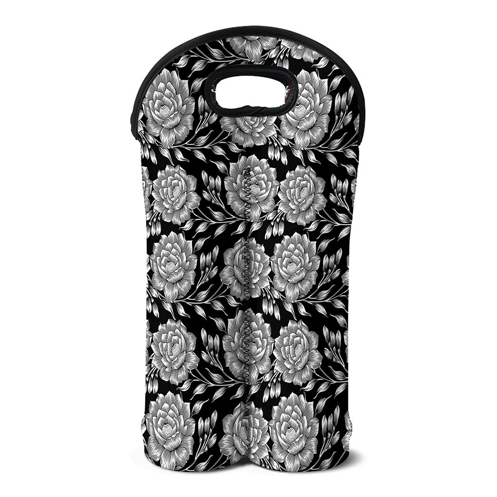 Vintage Black And White Floral Print Double Neoprene Wine Tote