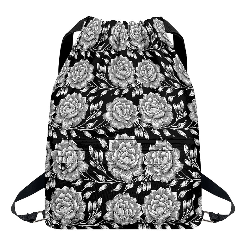 Vintage Black And White Floral Print Drawstring Backpack