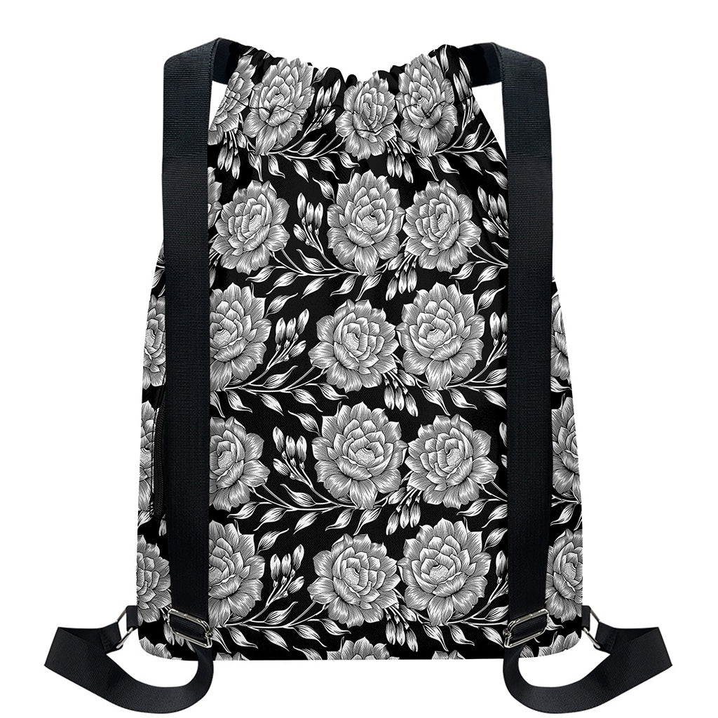 Vintage Black And White Floral Print Drawstring Backpack