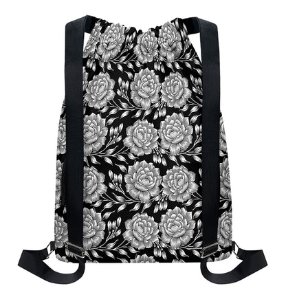 Vintage Black And White Floral Print Drawstring Backpack