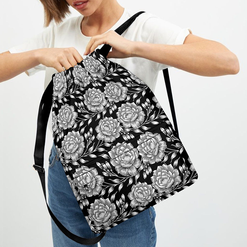 Vintage Black And White Floral Print Drawstring Backpack