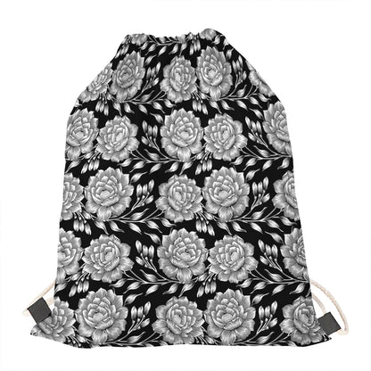 Vintage Black And White Floral Print Drawstring Bag