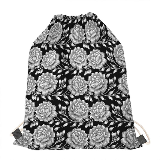 Vintage Black And White Floral Print Drawstring Bag