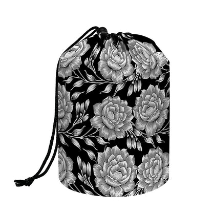 Vintage Black And White Floral Print Drawstring Makeup Bag
