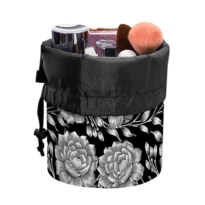 Vintage Black And White Floral Print Drawstring Makeup Bag