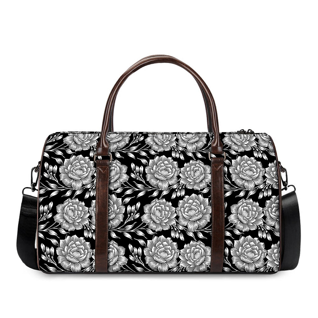 Vintage Black And White Floral Print Duffle Bag