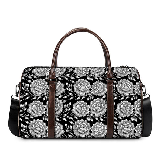 Vintage Black And White Floral Print Duffle Bag