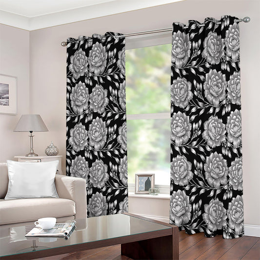 Vintage Black And White Floral Print Extra Wide Grommet Curtains
