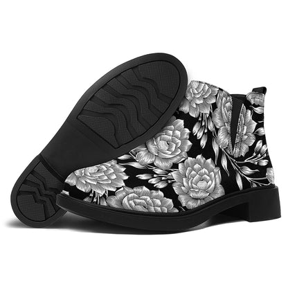 Vintage Black And White Floral Print Flat Ankle Boots