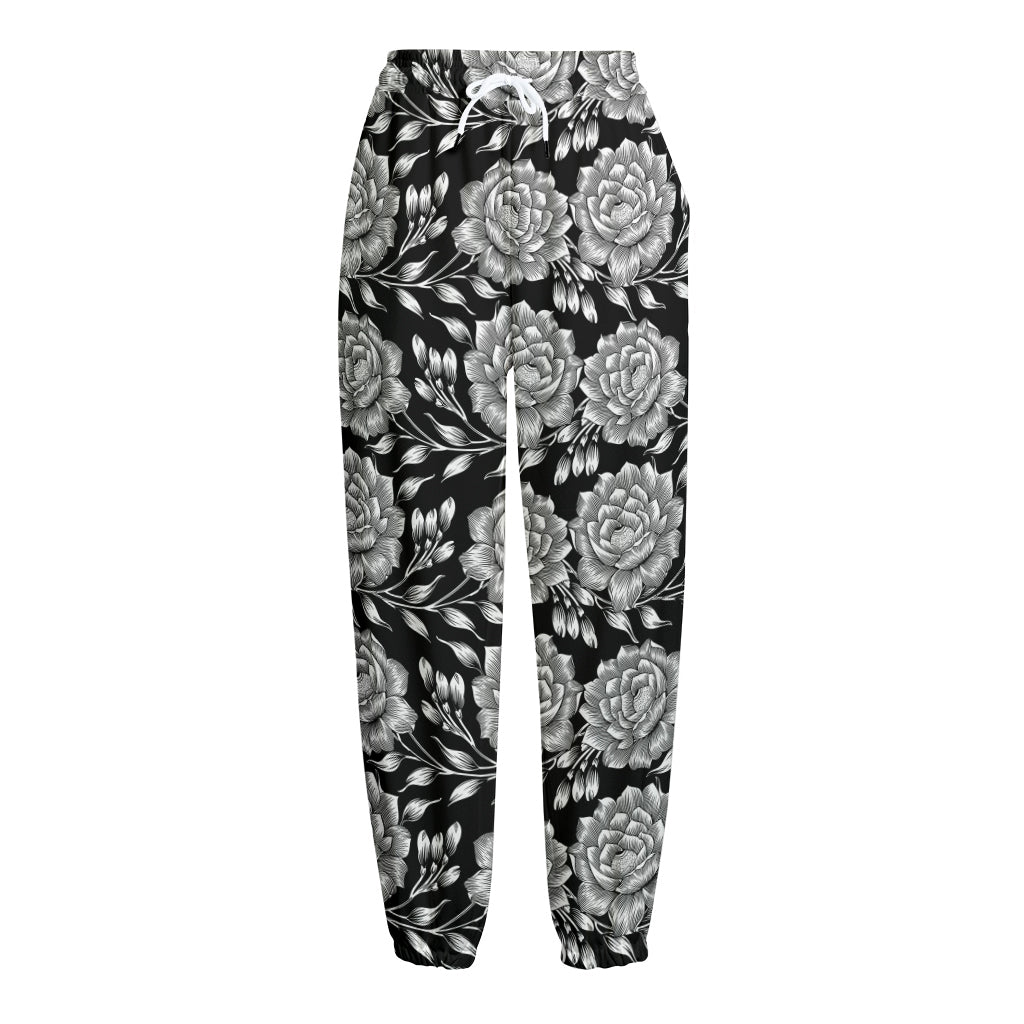 Vintage Black And White Floral Print Fleece Lined Knit Pants