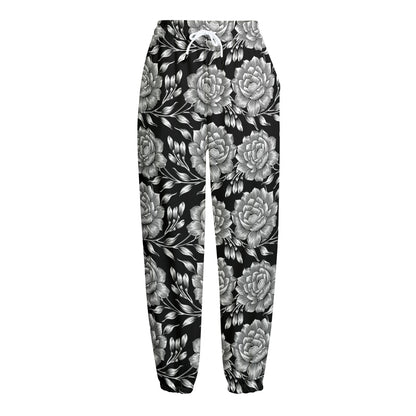 Vintage Black And White Floral Print Fleece Lined Knit Pants