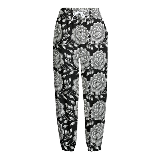Vintage Black And White Floral Print Fleece Lined Knit Pants