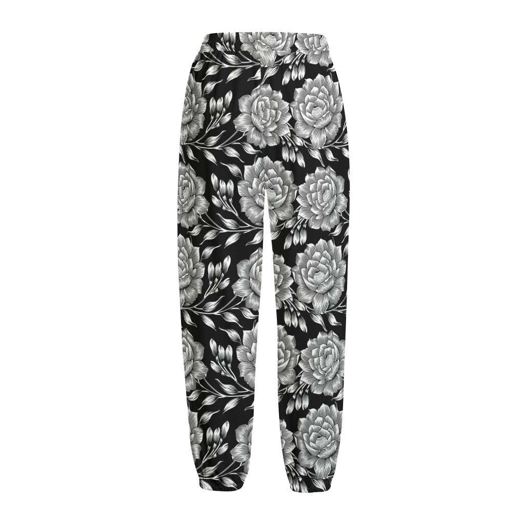 Vintage Black And White Floral Print Fleece Lined Knit Pants