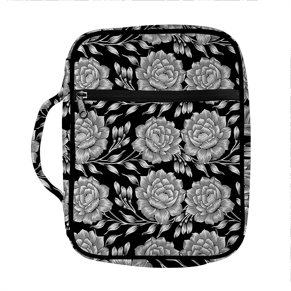 Vintage Black And White Floral Print Front Pocket Bible Bag